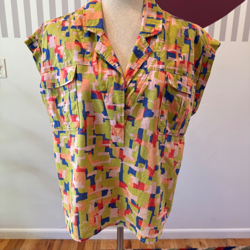 Colorful Linen Button Down Top Abstract Print Coastal Vacation Shirt
